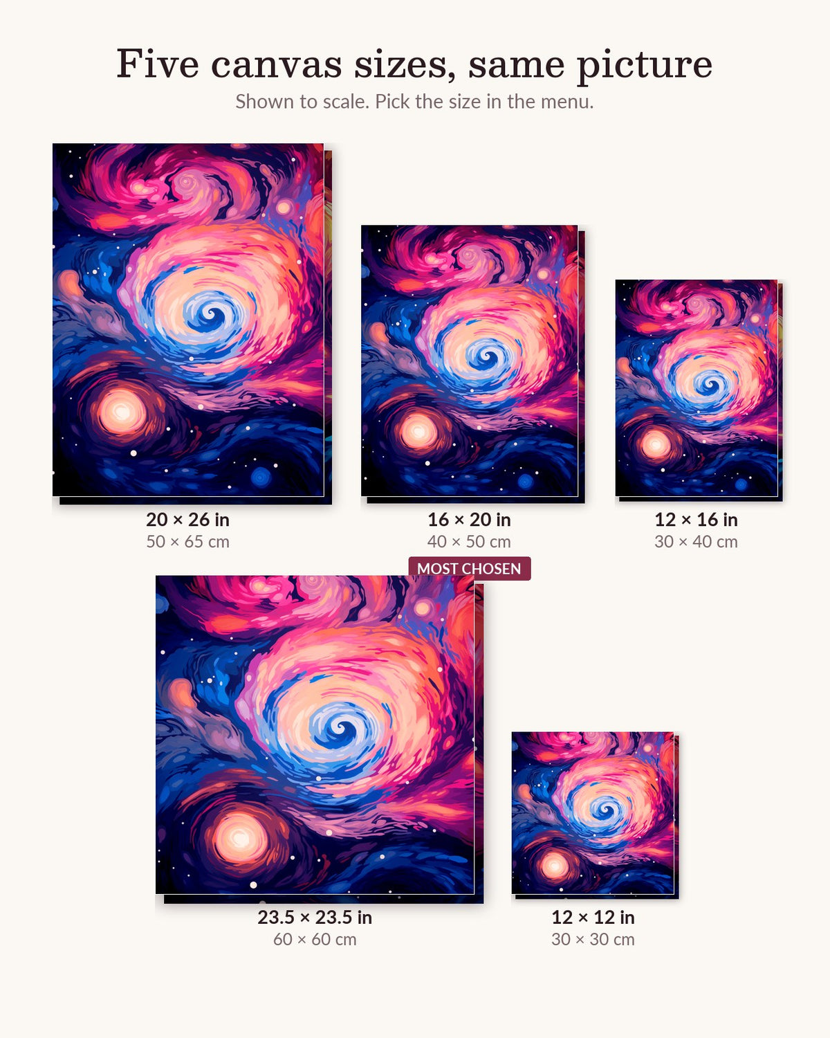 Vibrant Nebula canvas sizes from 12 x 12 to 23.5 x 23.5 inches