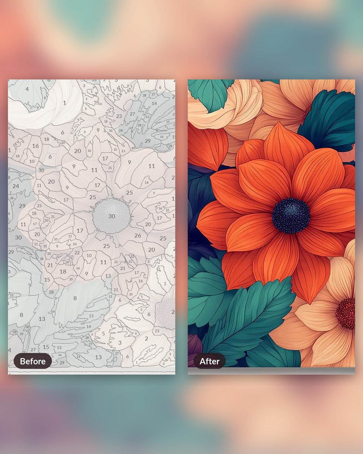 Vibrant Petals paint by numbers kit, before and after