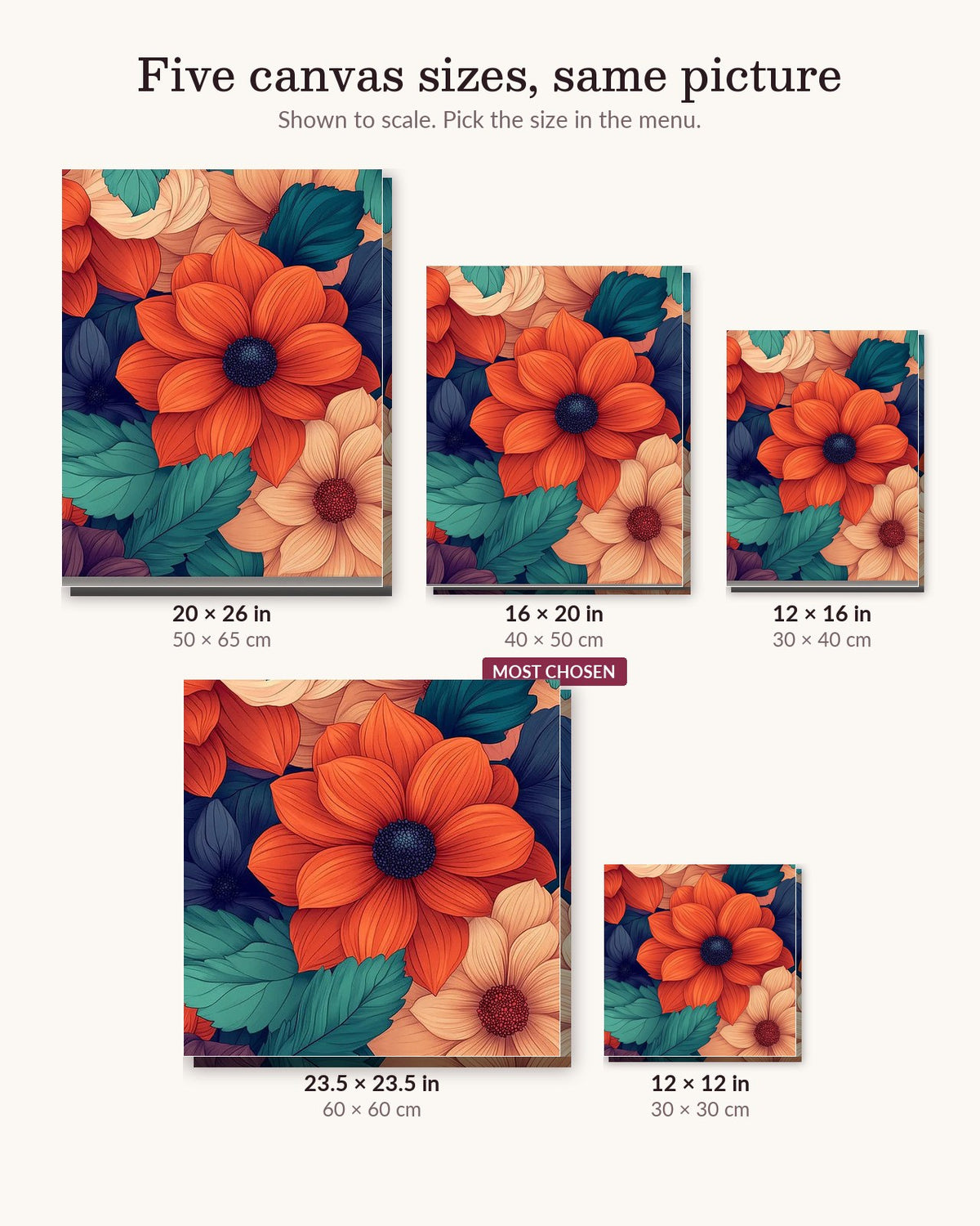 Vibrant Petals canvas sizes from 12 x 12 to 23.5 x 23.5 inches