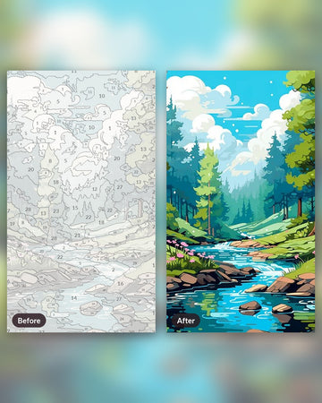 Mountain View paint by numbers kit, before and after