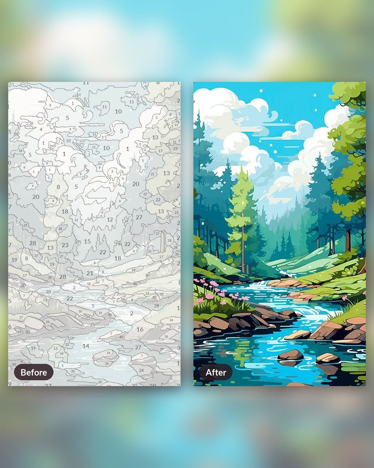 Mountain View paint by numbers kit, before and after