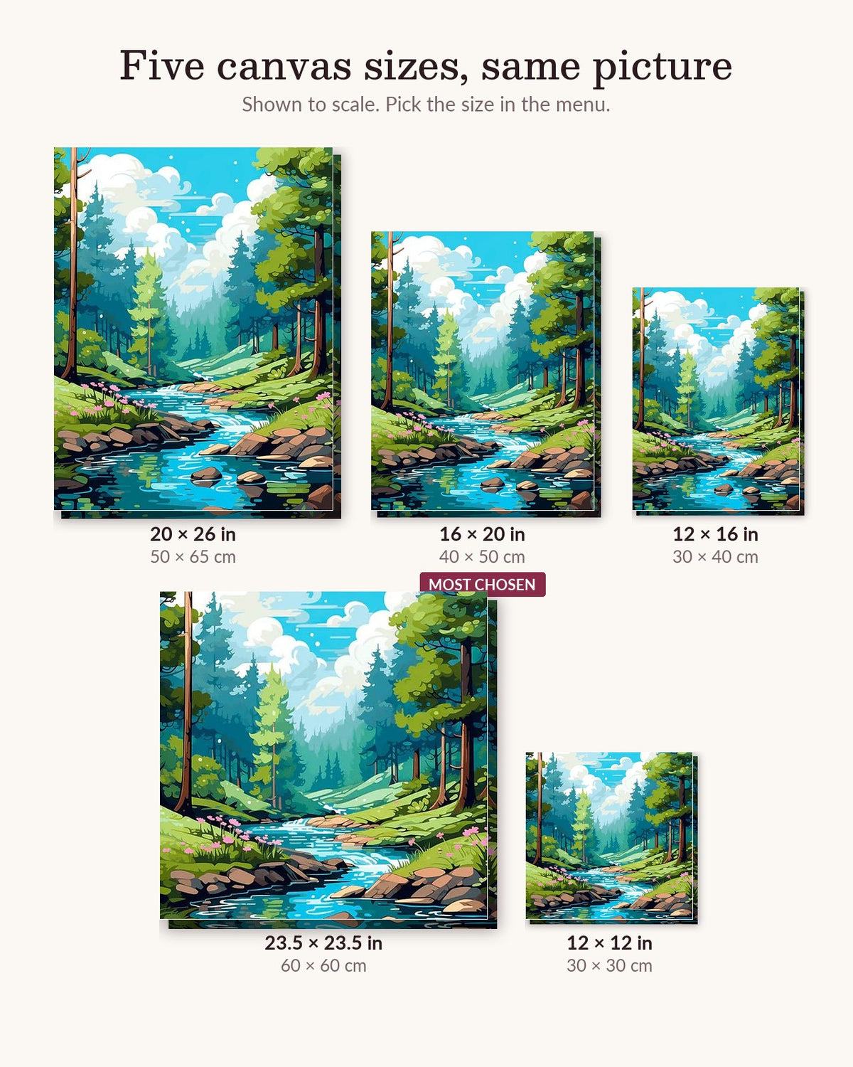 Mountain View canvas sizes from 12 x 12 to 23.5 x 23.5 inches