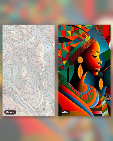 Vibrant Sisterhood paint by numbers kit, before and after