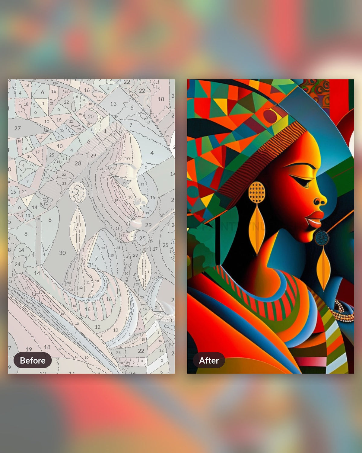 Vibrant Sisterhood paint by numbers kit, before and after