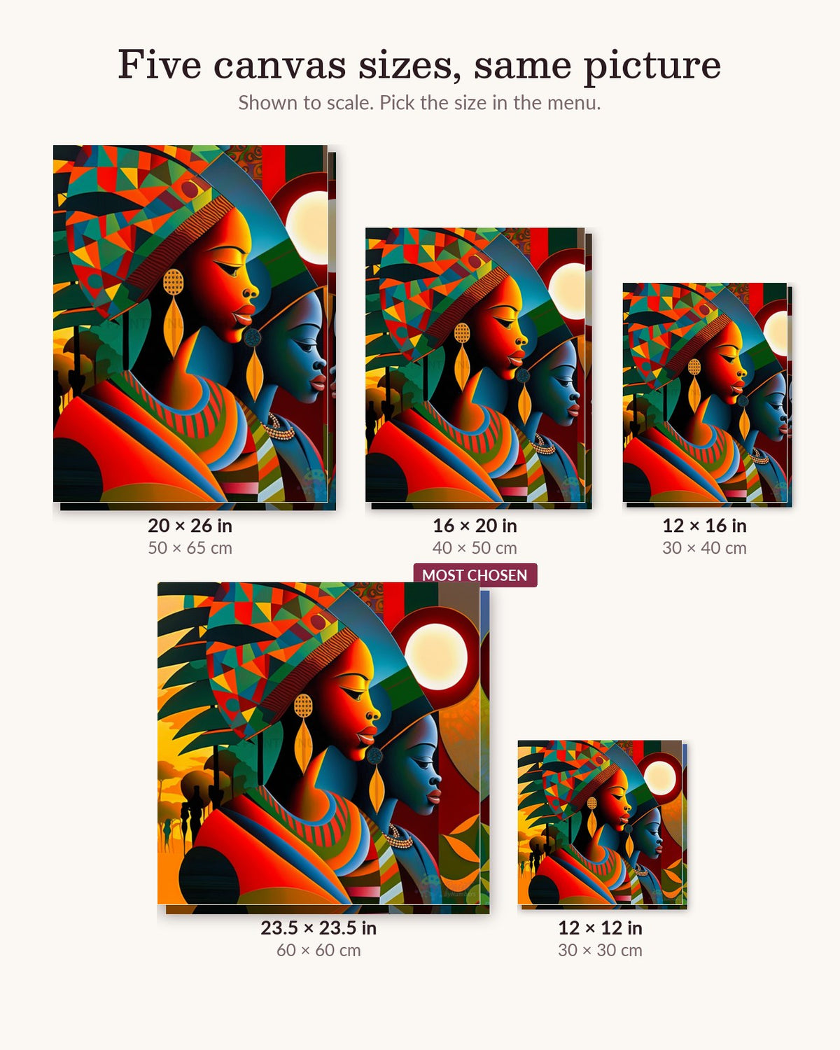 Vibrant Sisterhood canvas sizes from 12 x 12 to 23.5 x 23.5 inches