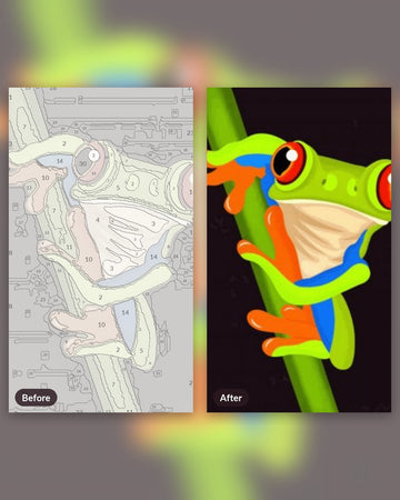 Vibrant Tree Frog on the Move paint by numbers kit, before and after
