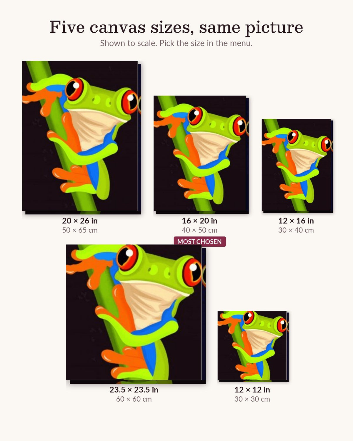 Vibrant Tree Frog on the Move canvas sizes from 12 x 12 to 23.5 x 23.5 inches
