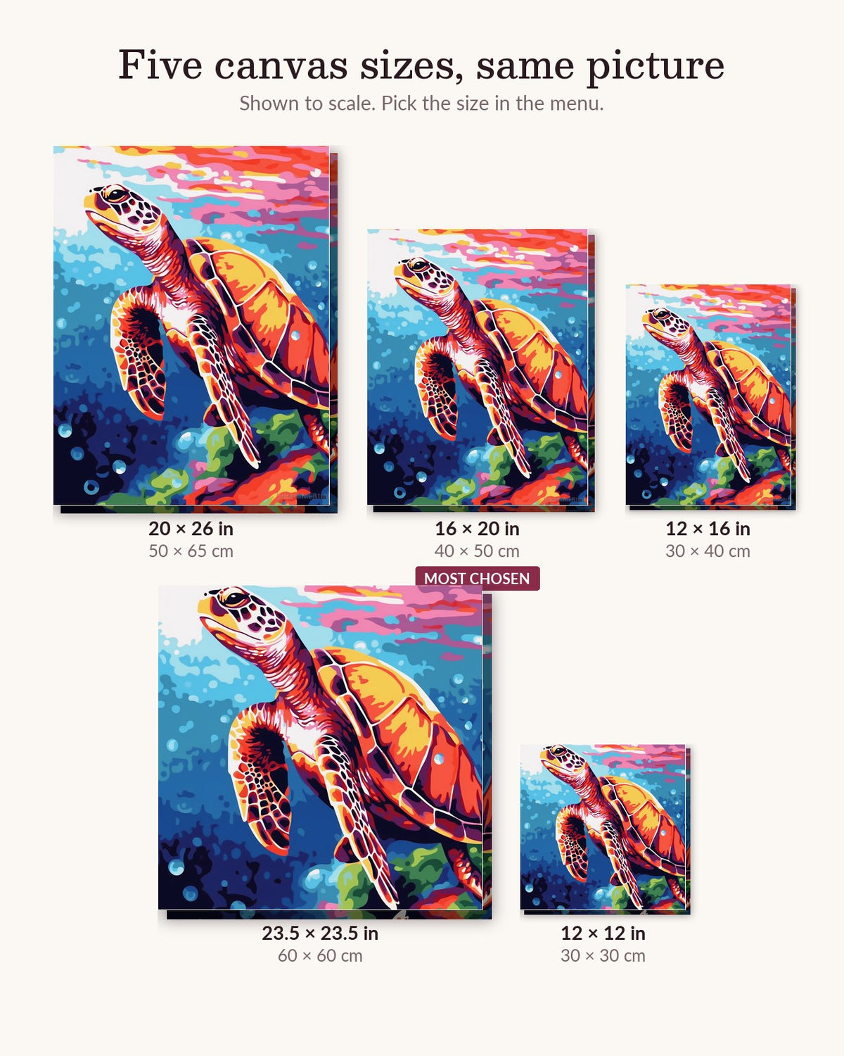 Vibrant Turtle canvas sizes from 12 x 12 to 23.5 x 23.5 inches