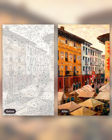 Oria's Local Market paint by numbers kit, before and after