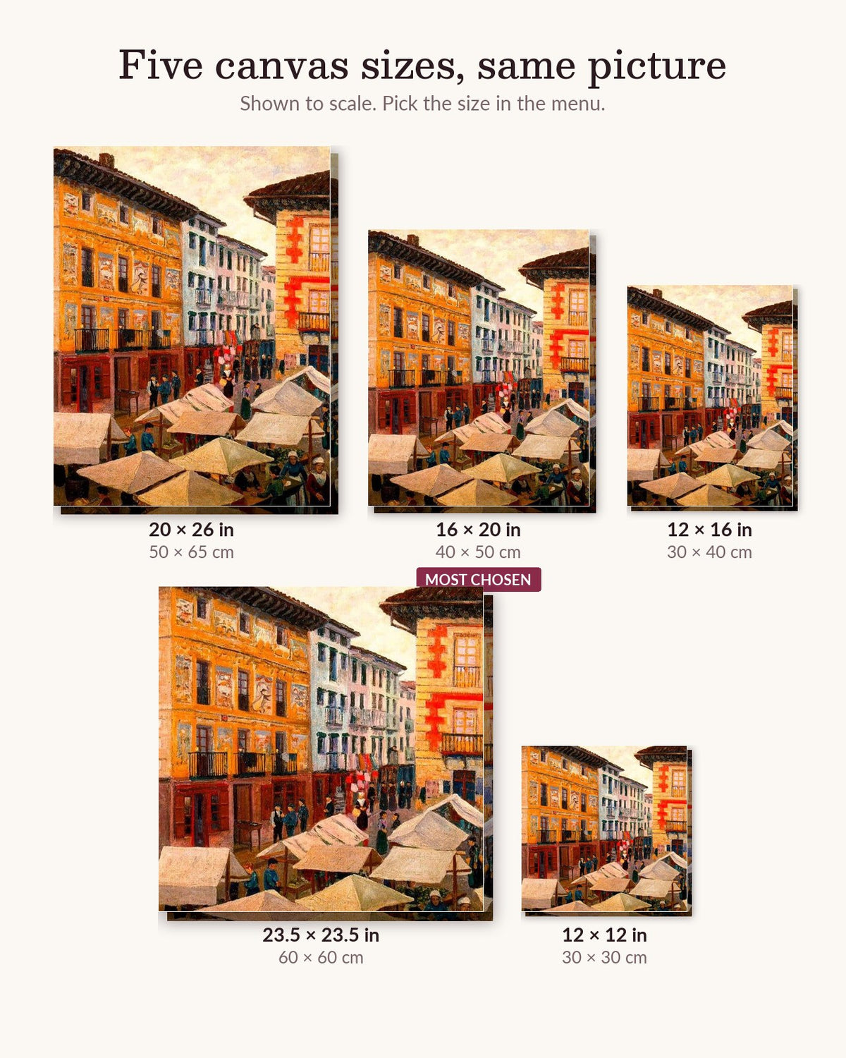 Oria's Local Market canvas sizes from 12 x 12 to 23.5 x 23.5 inches