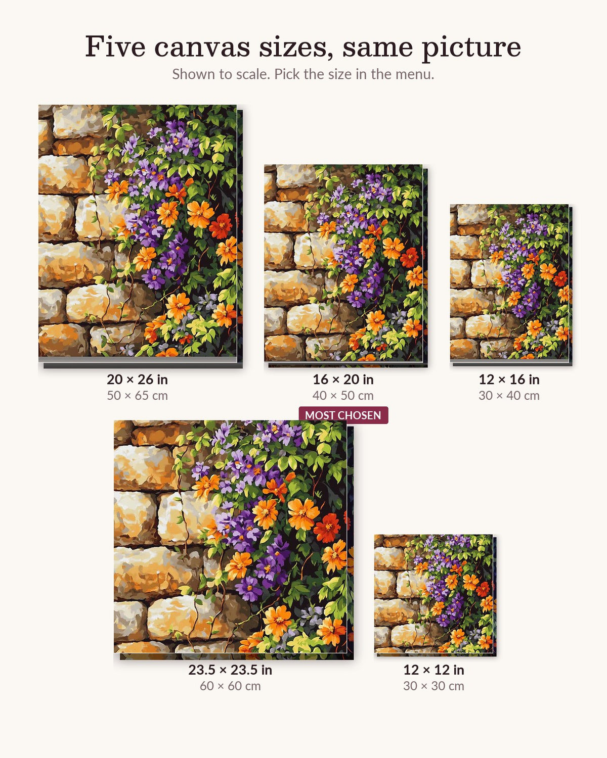 Vine Walls canvas sizes from 12 x 12 to 23.5 x 23.5 inches