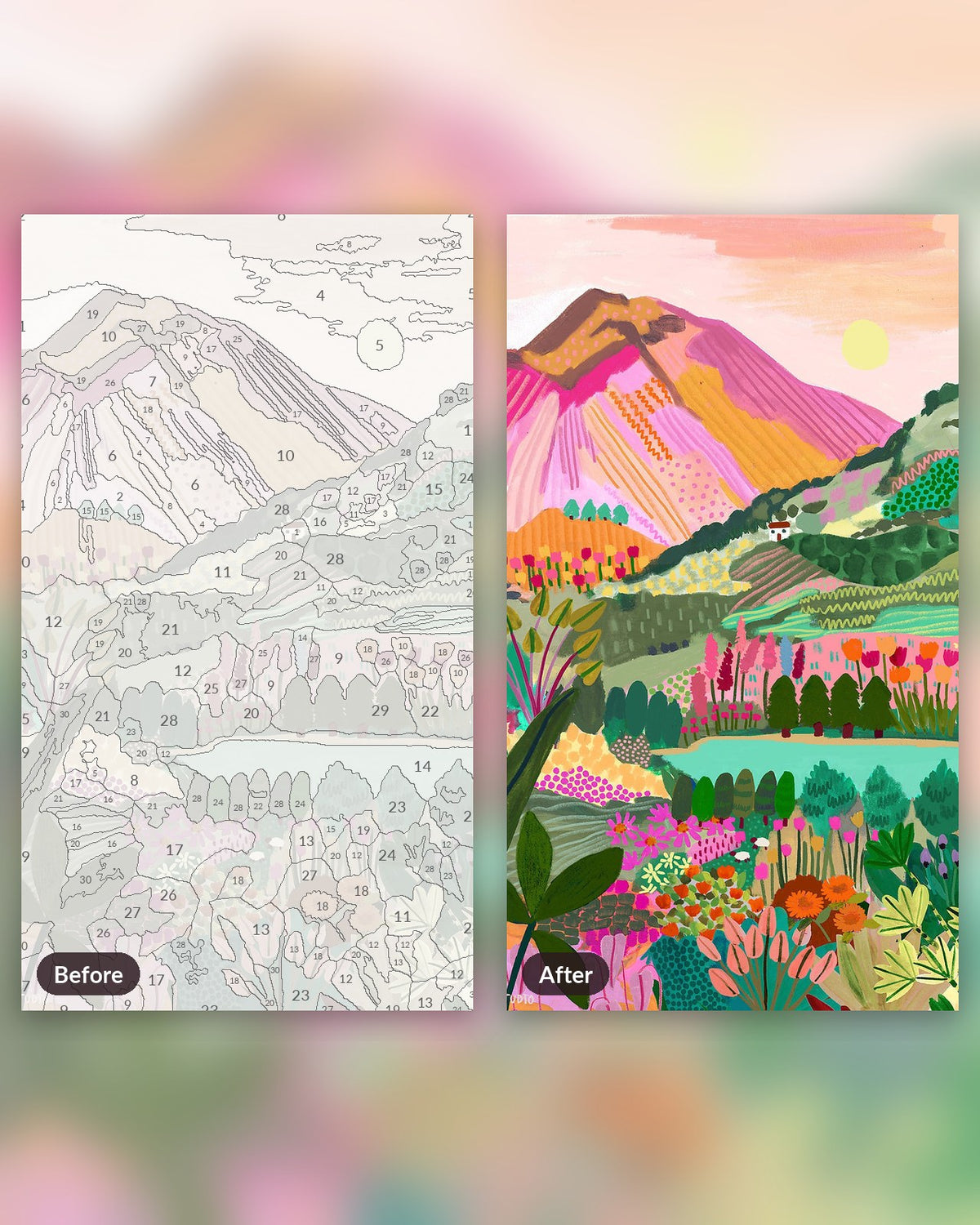 Vinicunca Mountain paint by numbers kit, before and after