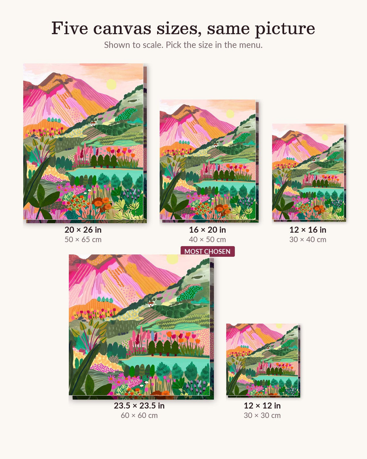Vinicunca Mountain canvas sizes from 12 x 12 to 23.5 x 23.5 inches