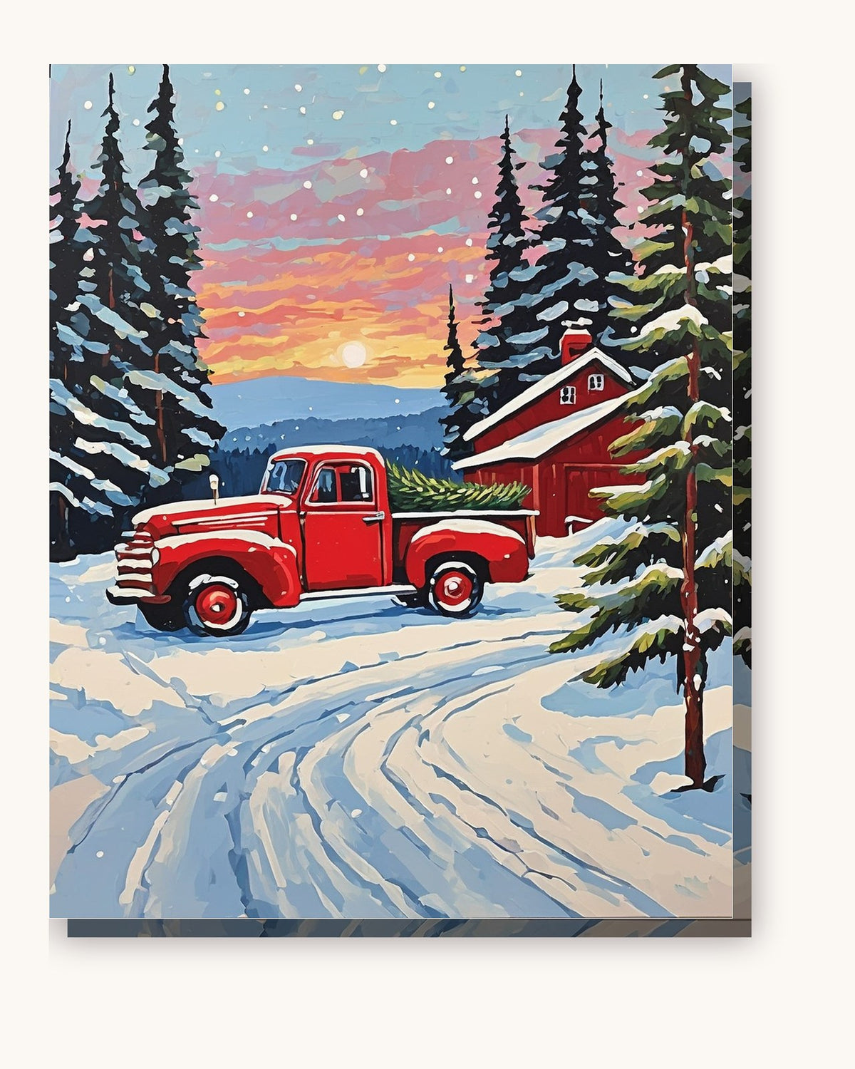 Vintage Red Pickup on the Snowy Farm Road paint by numbers kit on stretched canvas