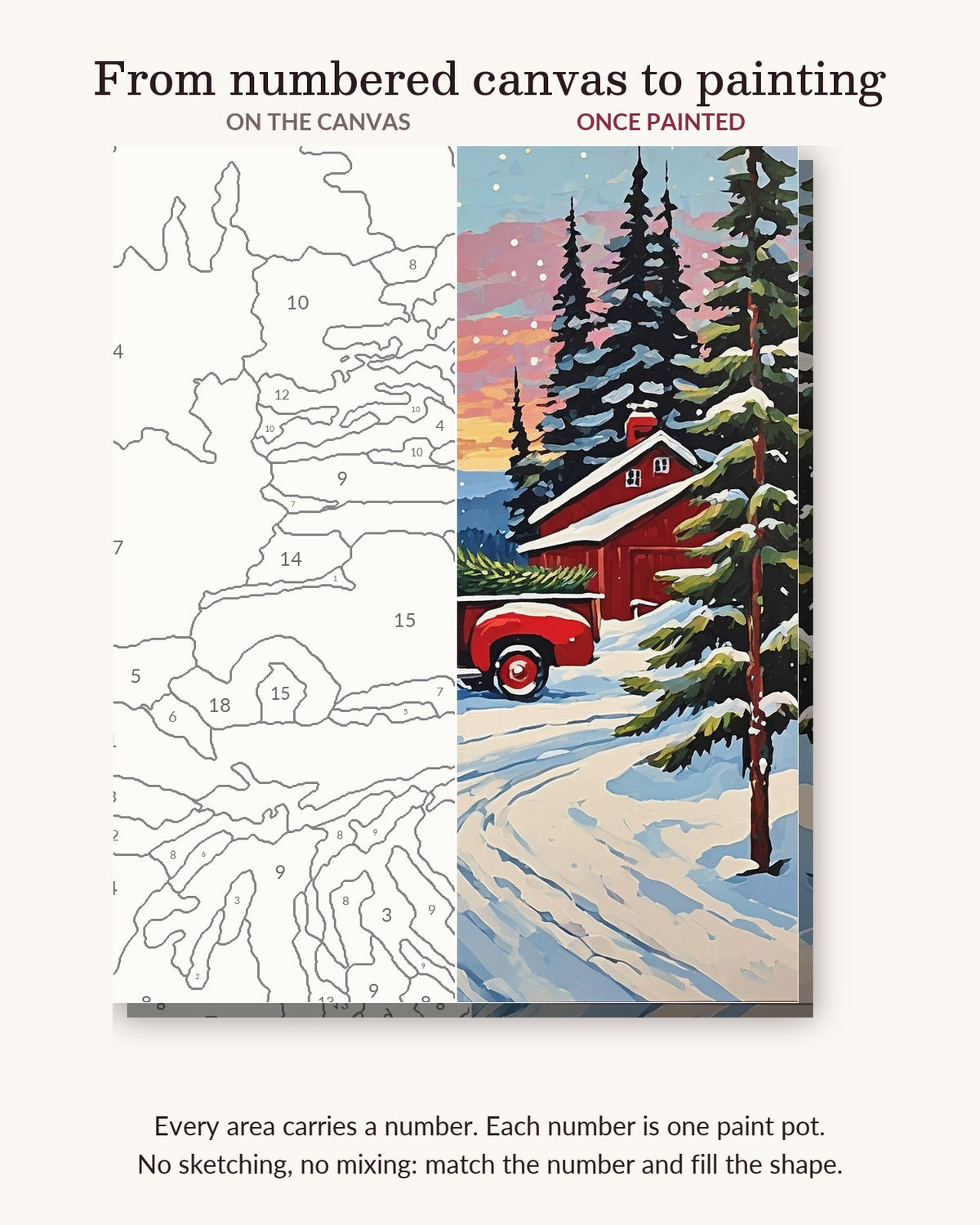 Vintage Red Pickup on the Snowy Farm Road numbered canvas next to the finished painting