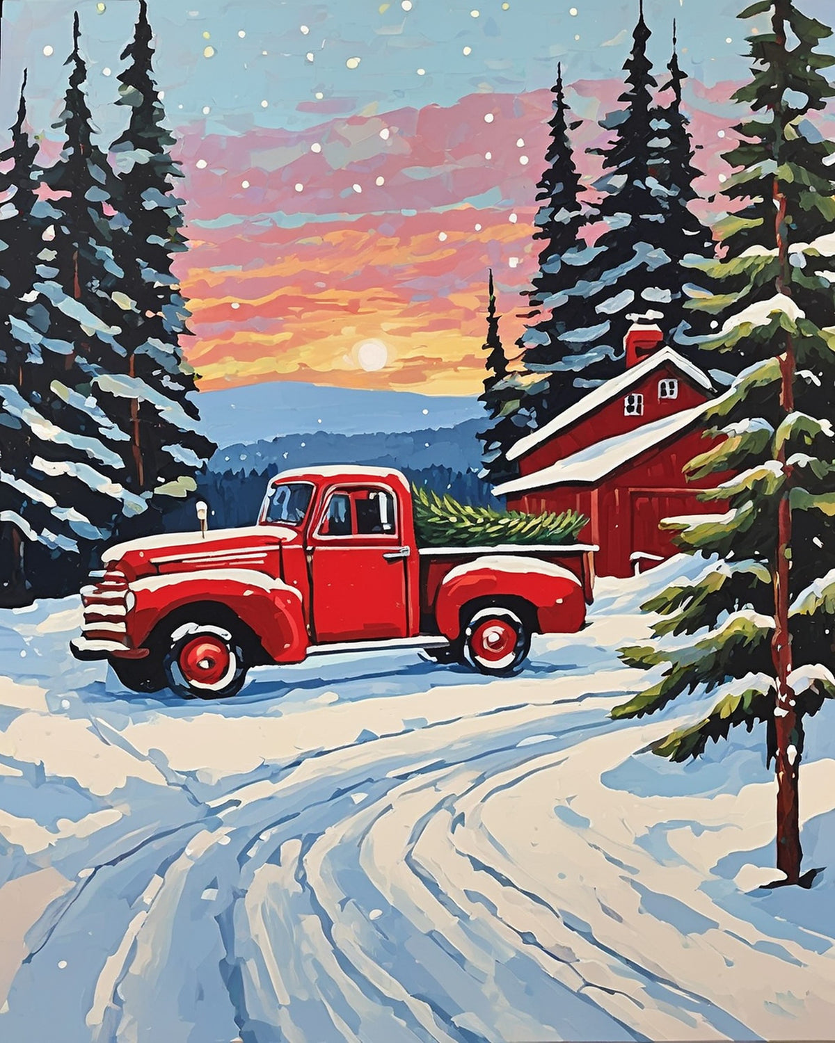 vintage red pickup truck with a christmas tree on a snowy farm road paint by numbers kit, red barn and spruces at sunset