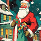 Vintage Santa in the Snowy Village paint by numbers kit, Santa Claus with a sack of presents on a snowy street at night