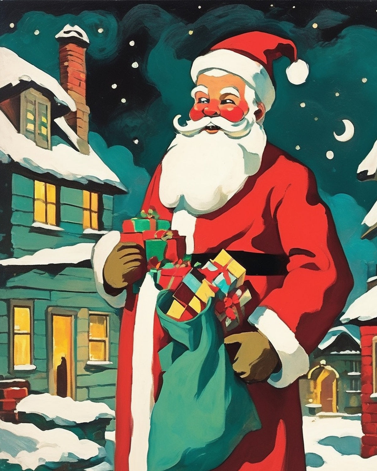 Vintage Santa in the Snowy Village paint by numbers kit, Santa Claus with a sack of presents on a snowy street at night