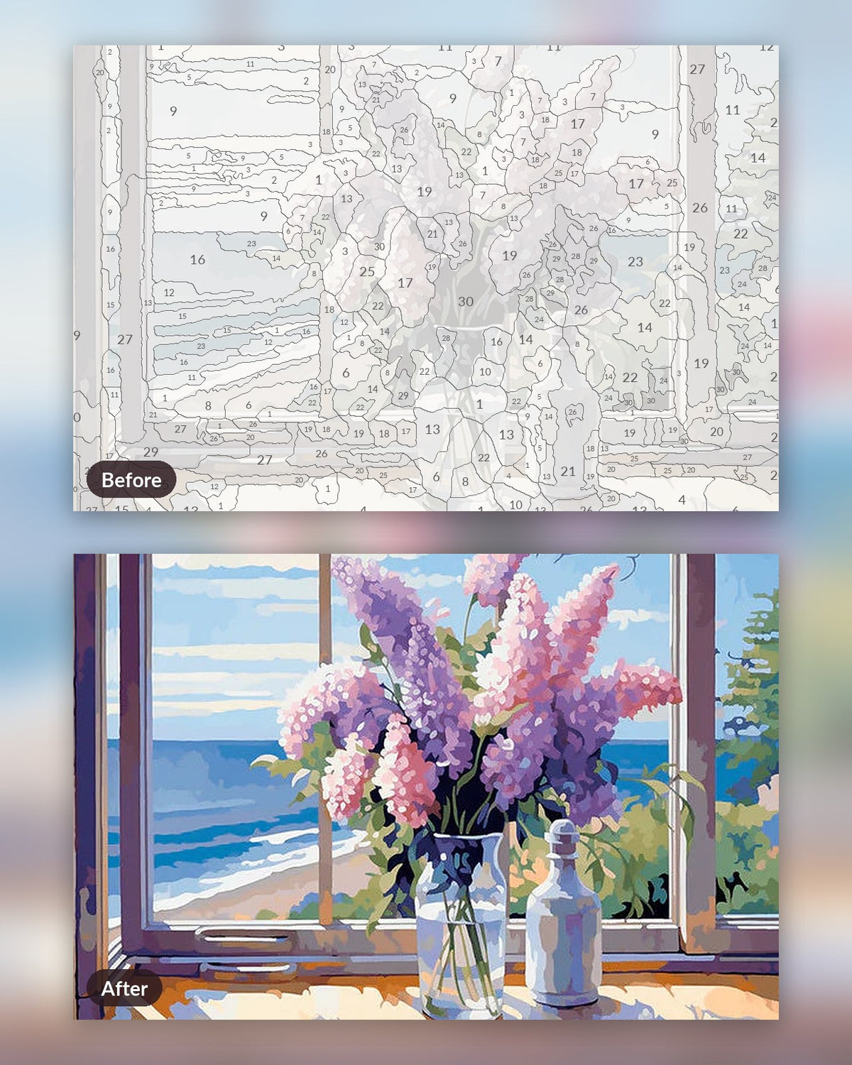 Vivid Flora's Embrace paint by numbers kit, before and after