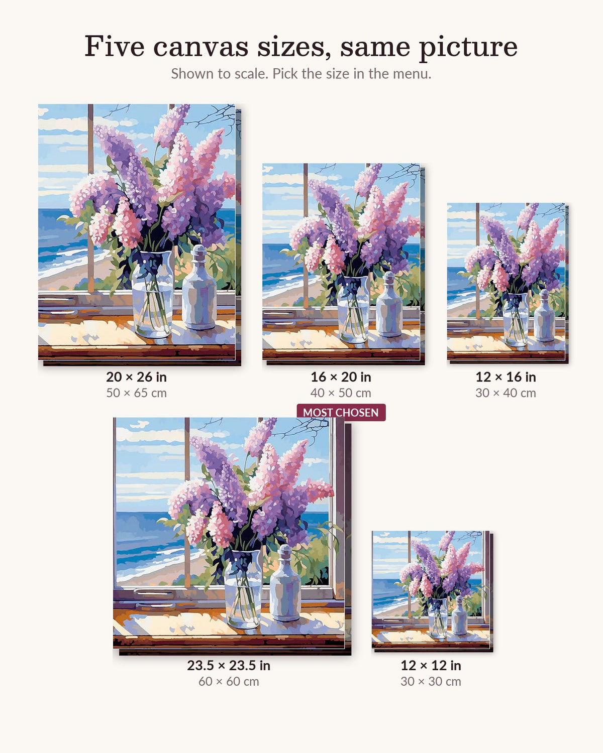 Vivid Flora's Embrace canvas sizes from 12 x 12 to 23.5 x 23.5 inches