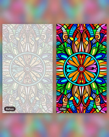 Vivid Mandala Symphony paint by numbers kit, before and after