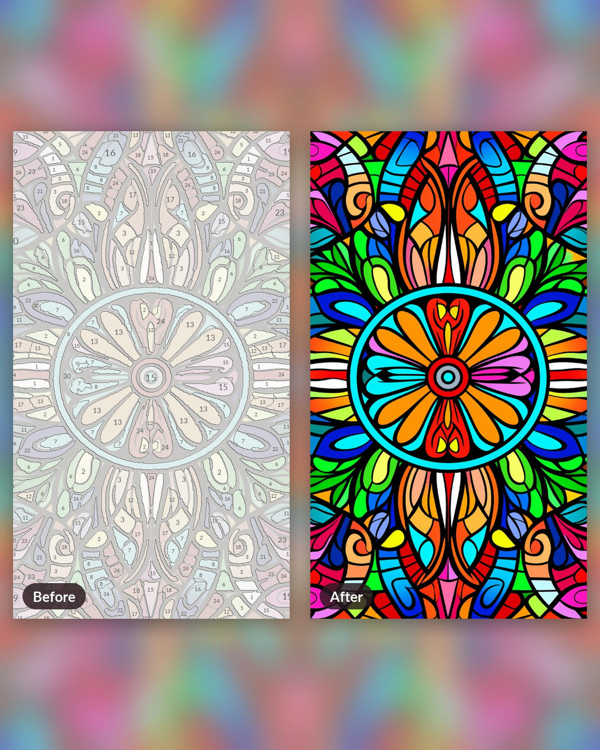 Vivid Mandala Symphony paint by numbers kit, before and after