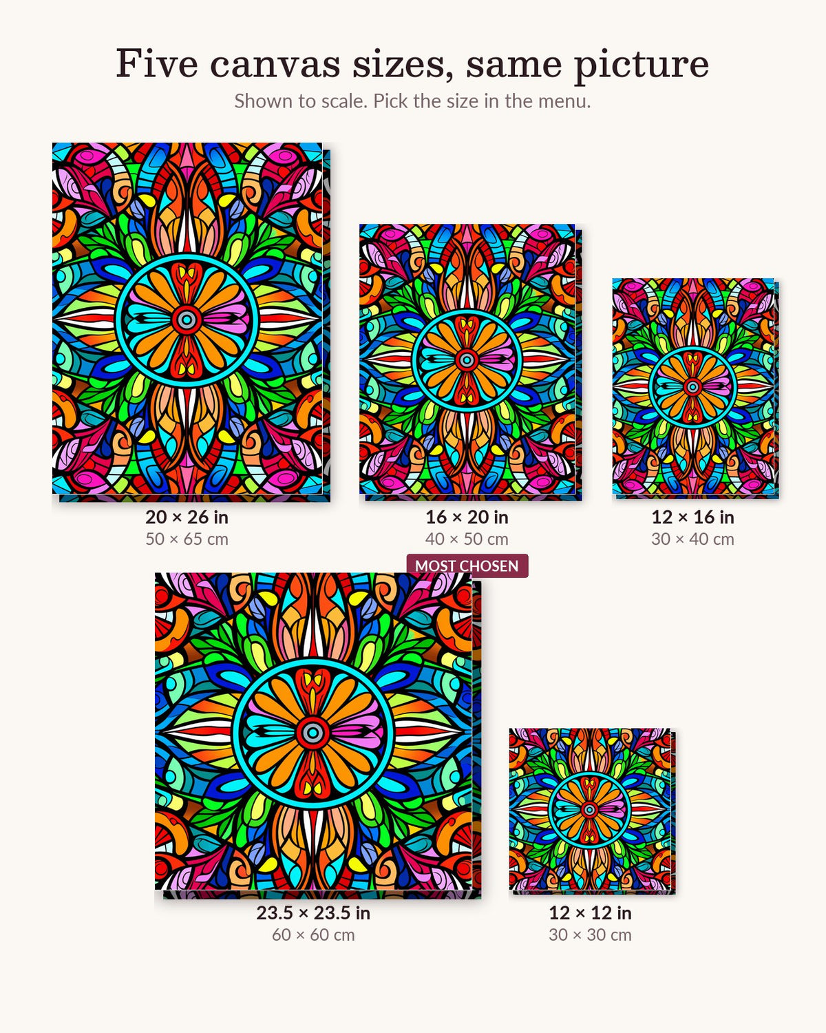 Vivid Mandala Symphony canvas sizes from 12 x 12 to 23.5 x 23.5 inches