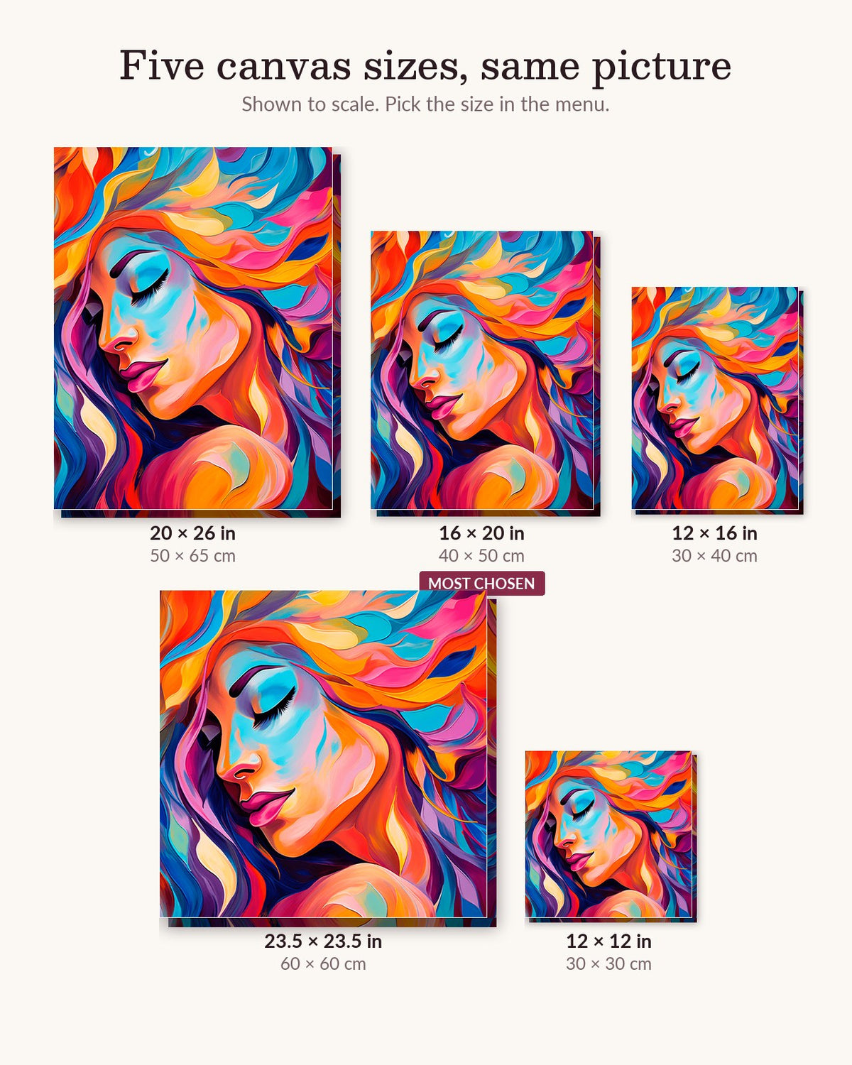 Vivid Reflection canvas sizes from 12 x 12 to 23.5 x 23.5 inches