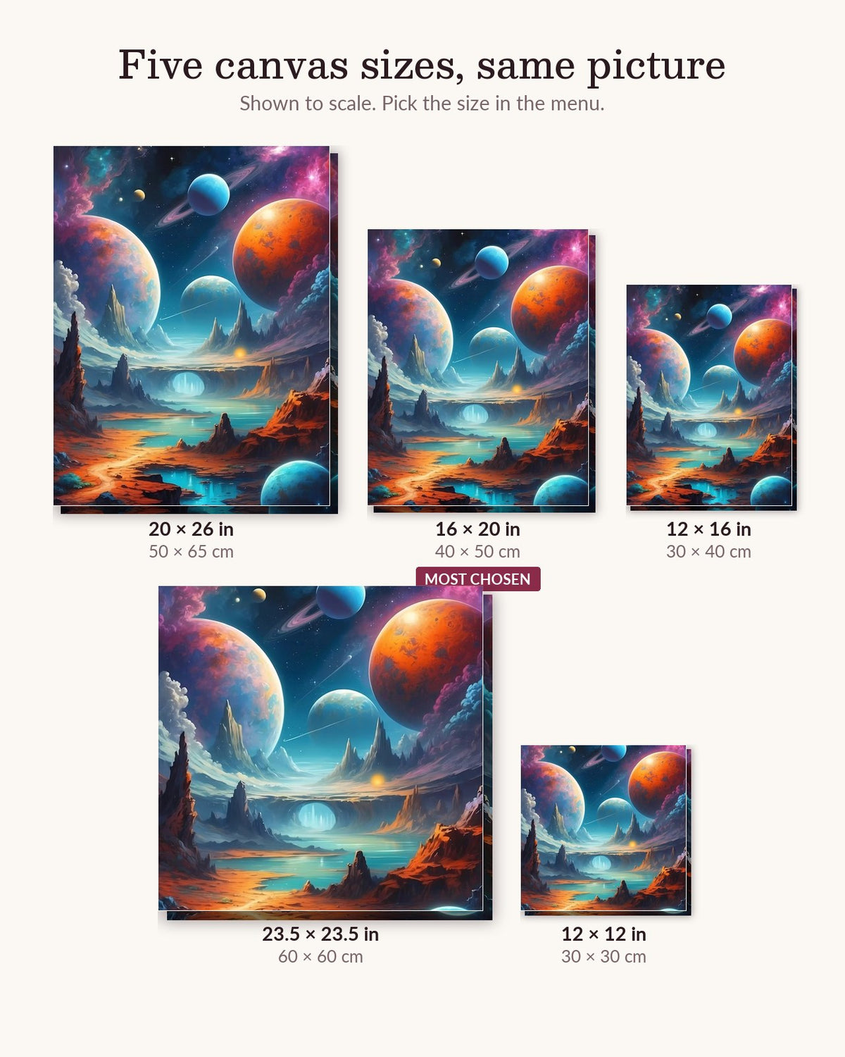 Voidscape canvas sizes from 12 x 12 to 23.5 x 23.5 inches