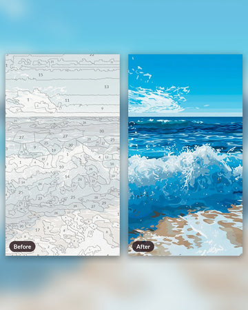 Beach Waves paint by numbers kit, before and after