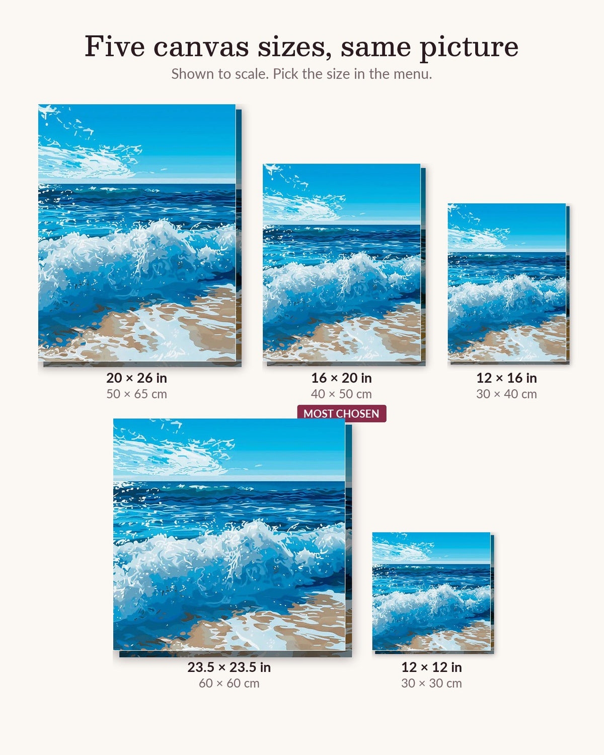 Beach Waves canvas sizes from 12 x 12 to 23.5 x 23.5 inches