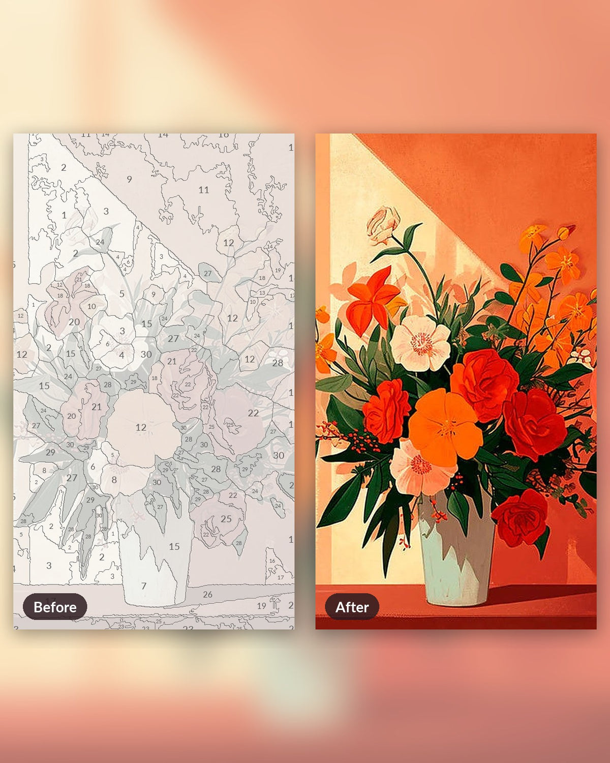 Warmth in Blossom paint by numbers kit, before and after
