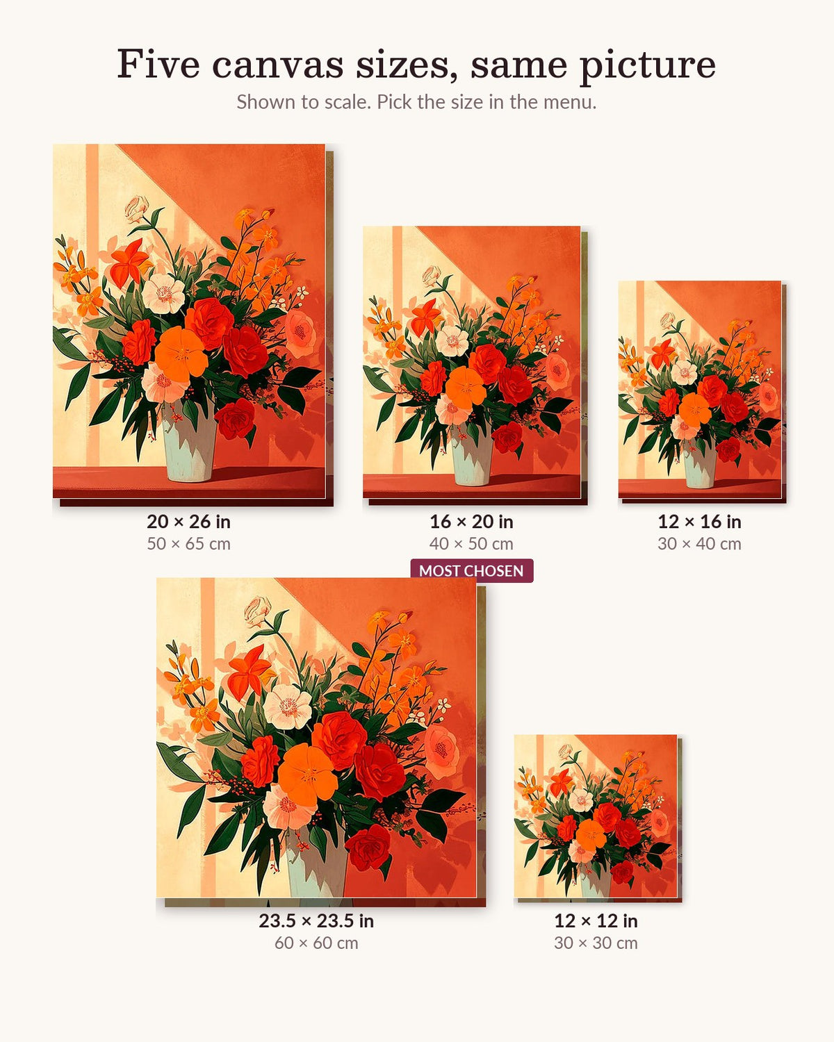 Warmth in Blossom canvas sizes from 12 x 12 to 23.5 x 23.5 inches