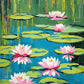 Water Lilies after Monet paint by numbers kit, pink and white water lilies on a blue green pond in Monet's impressionist style