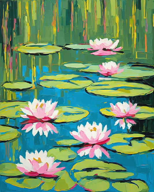 Water Lilies after Monet paint by numbers kit, pink and white water lilies on a blue green pond in Monet's impressionist style