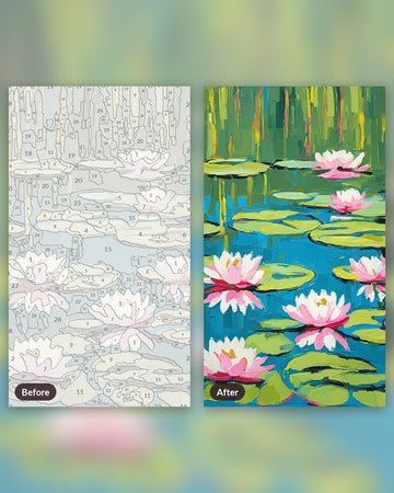 Water Lilies after Monet paint by numbers kit, before and after