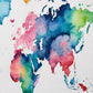 Close-up of the Watercolor World Map kit artwork, Europe, Africa and Asia in pink, blue and green washes