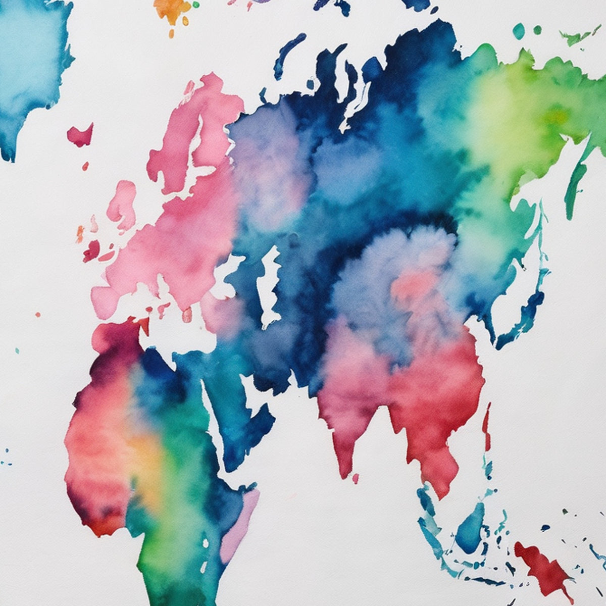 Close-up of the Watercolor World Map kit artwork, Europe, Africa and Asia in pink, blue and green washes