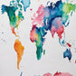 Watercolor World Map paint by numbers kit, world map in pink, teal, orange and blue washes on white