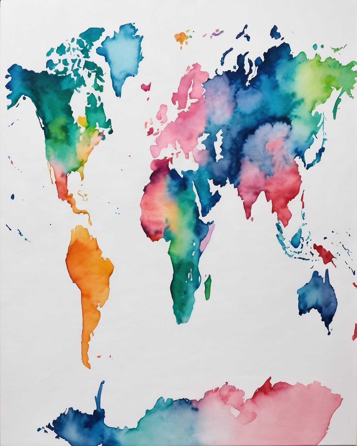 Watercolor World Map paint by numbers kit, world map in pink, teal, orange and blue washes on white