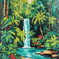 narrow waterfall falling into a turquoise pool surrounded by palms, ferns and red flowers, paint by numbers kit