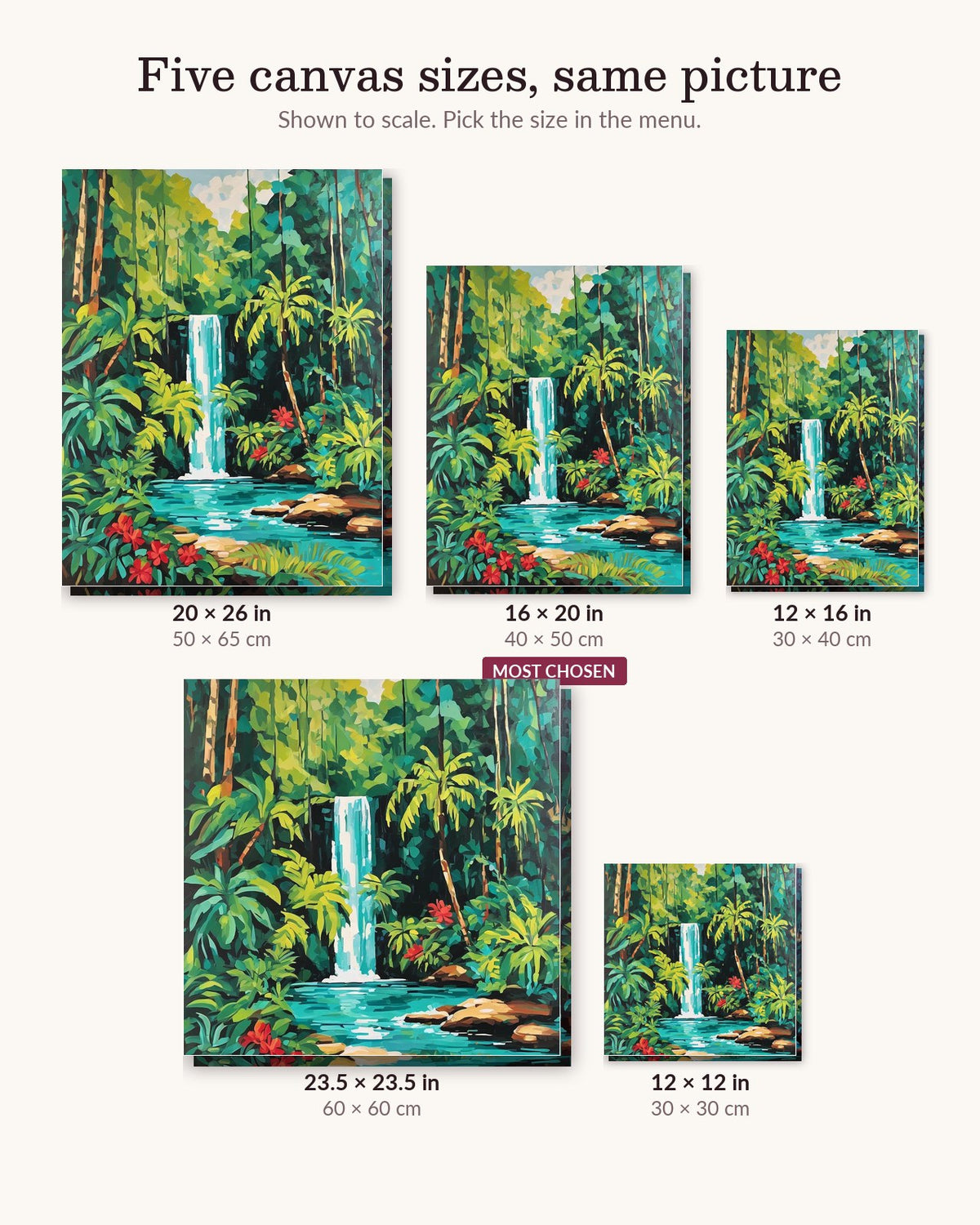 Waterfall in the Green Jungle canvas sizes from 12 x 12 to 23.5 x 23.5 inches