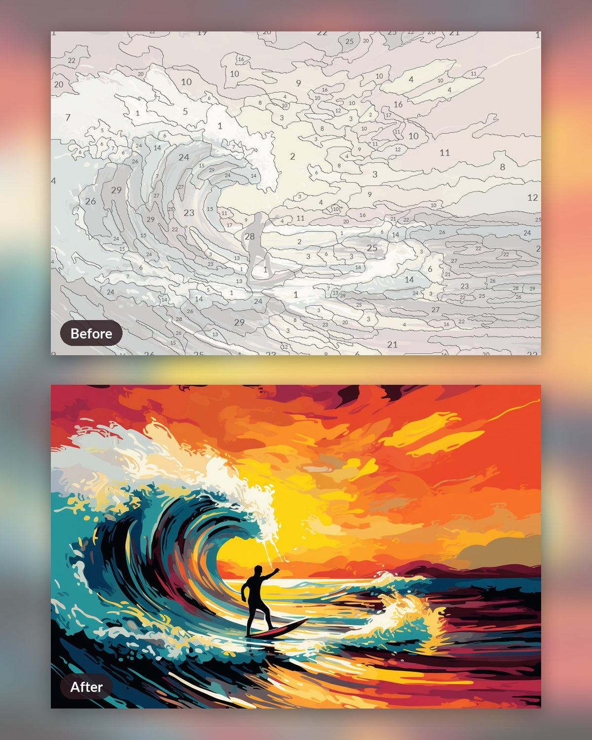 Waves of Life paint by numbers kit, before and after