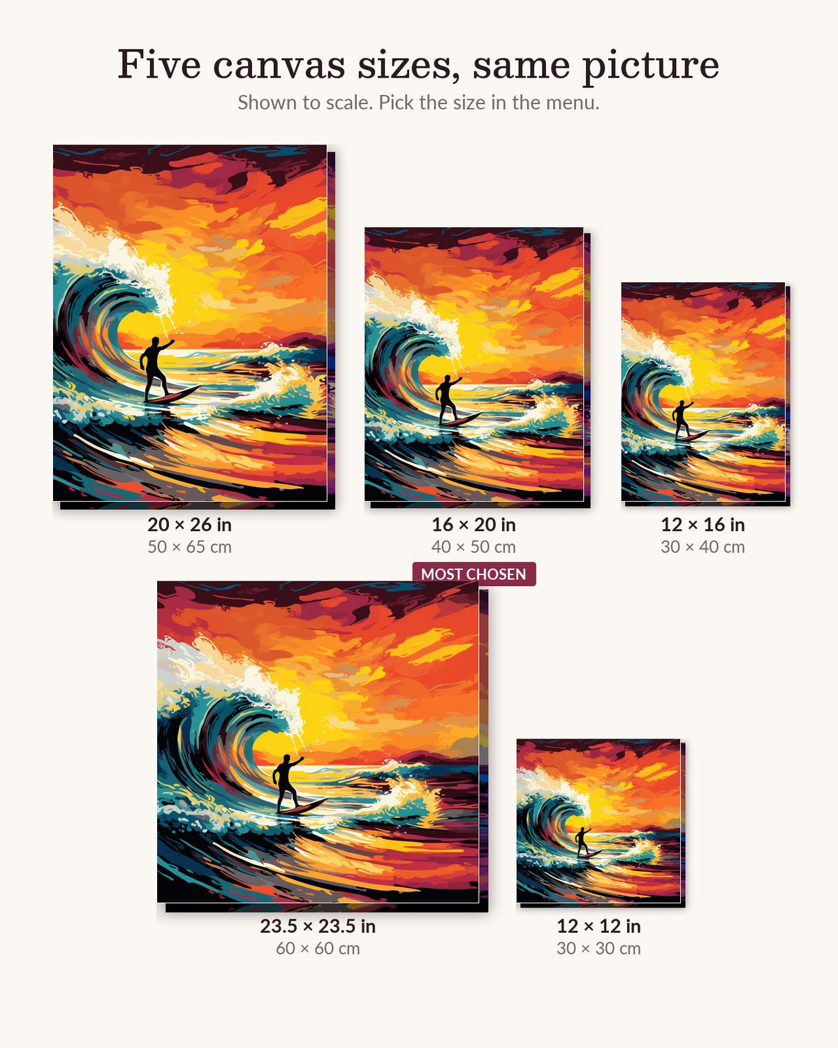 Waves of Life canvas sizes from 12 x 12 to 23.5 x 23.5 inches