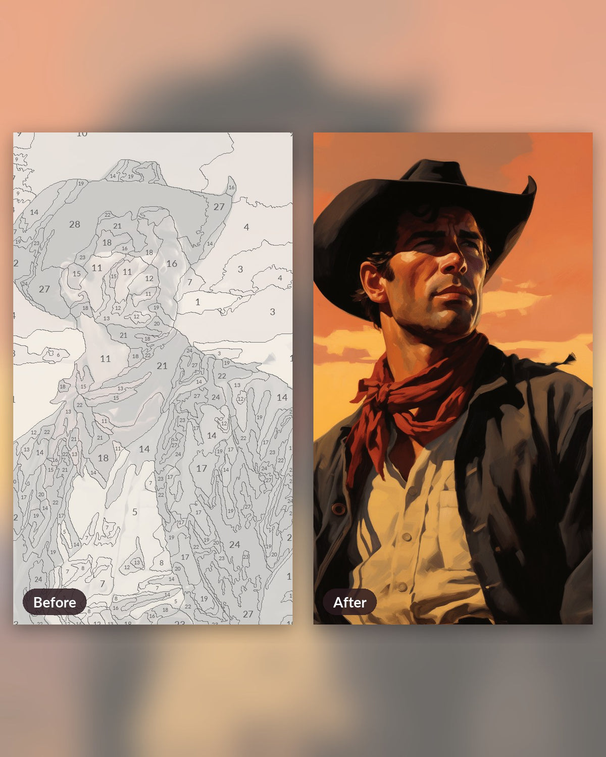 Western Cowboy paint by numbers kit, before and after