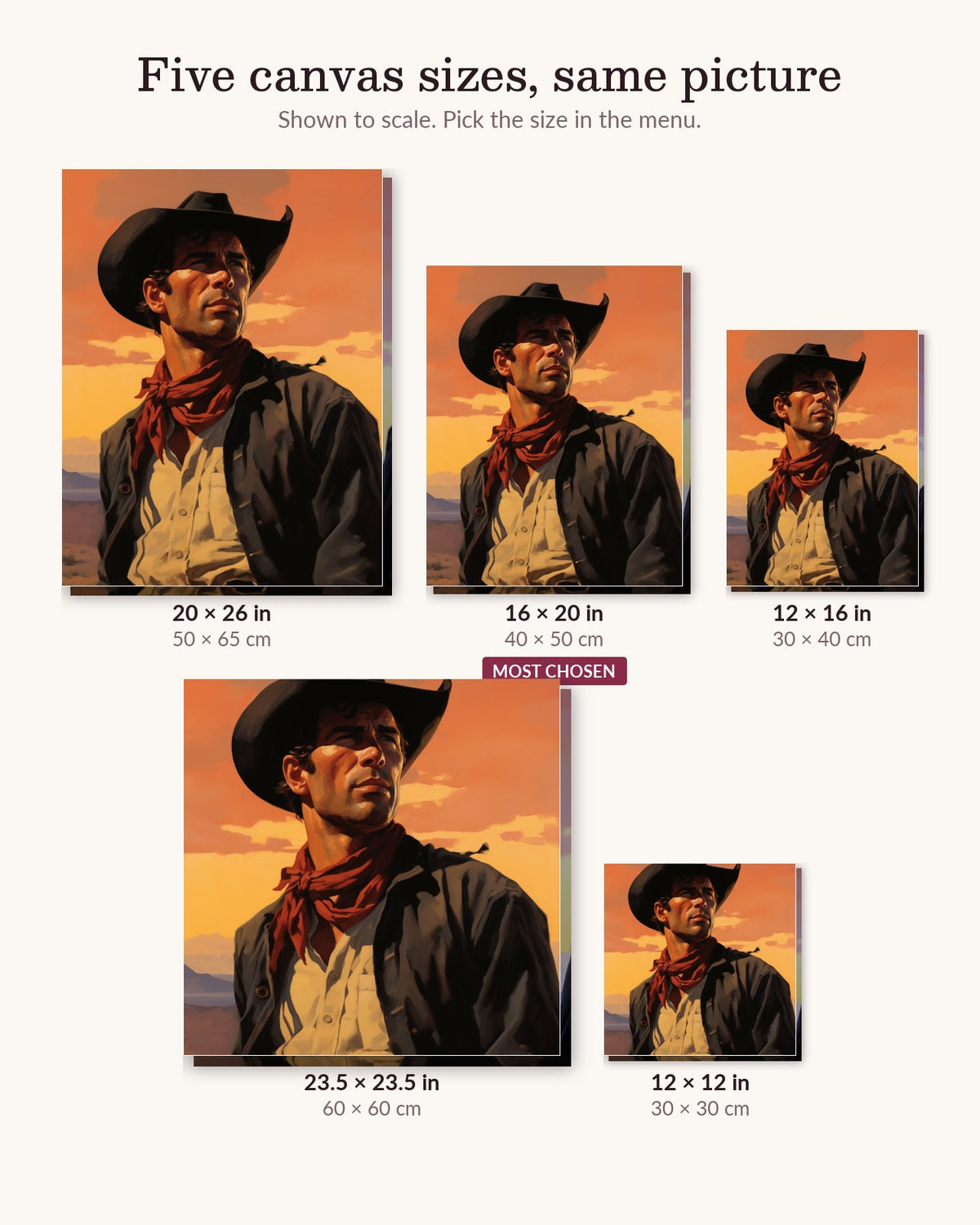Western Cowboy canvas sizes from 12 x 12 to 23.5 x 23.5 inches