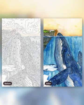 Whales And Girl paint by numbers kit, before and after