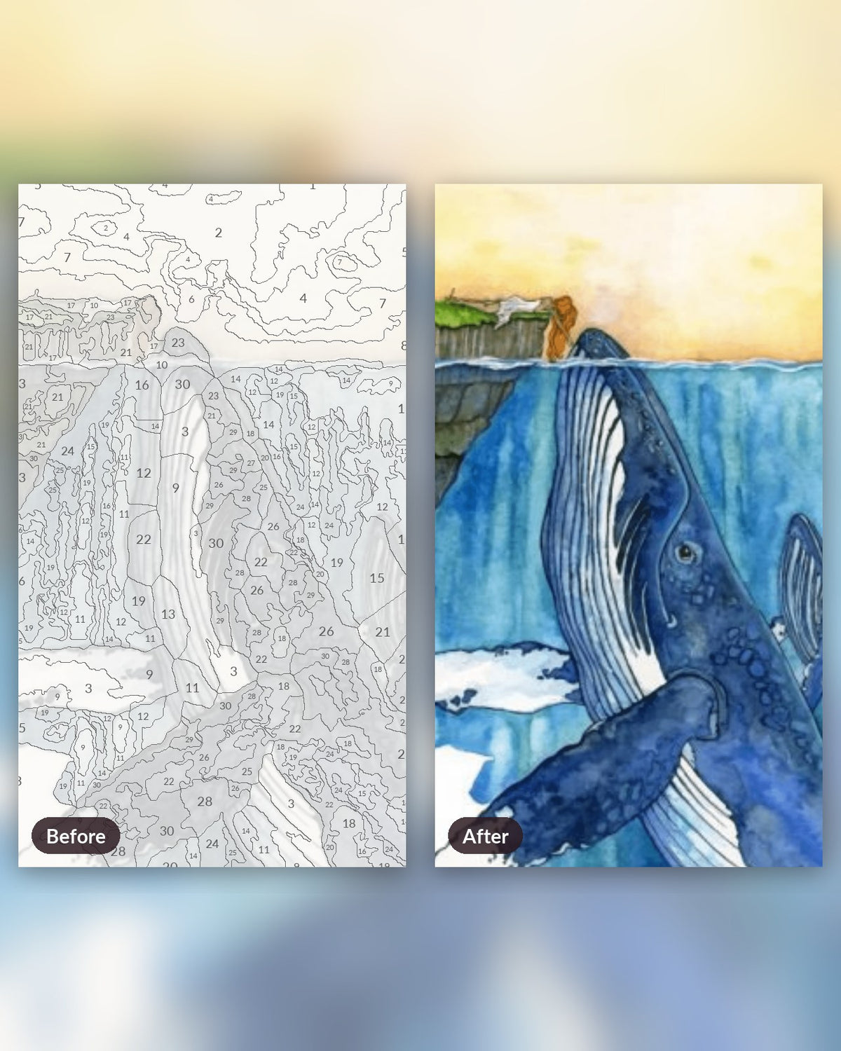 Whales And Girl paint by numbers kit, before and after