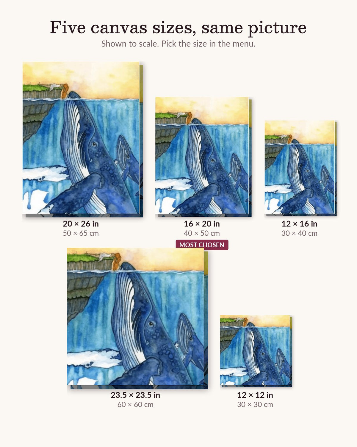 Whales And Girl canvas sizes from 12 x 12 to 23.5 x 23.5 inches