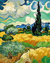 Wheat Field with Cypresses after Van Gogh paint by numbers kit, a golden wheat field, dark cypresses and swirling clouds